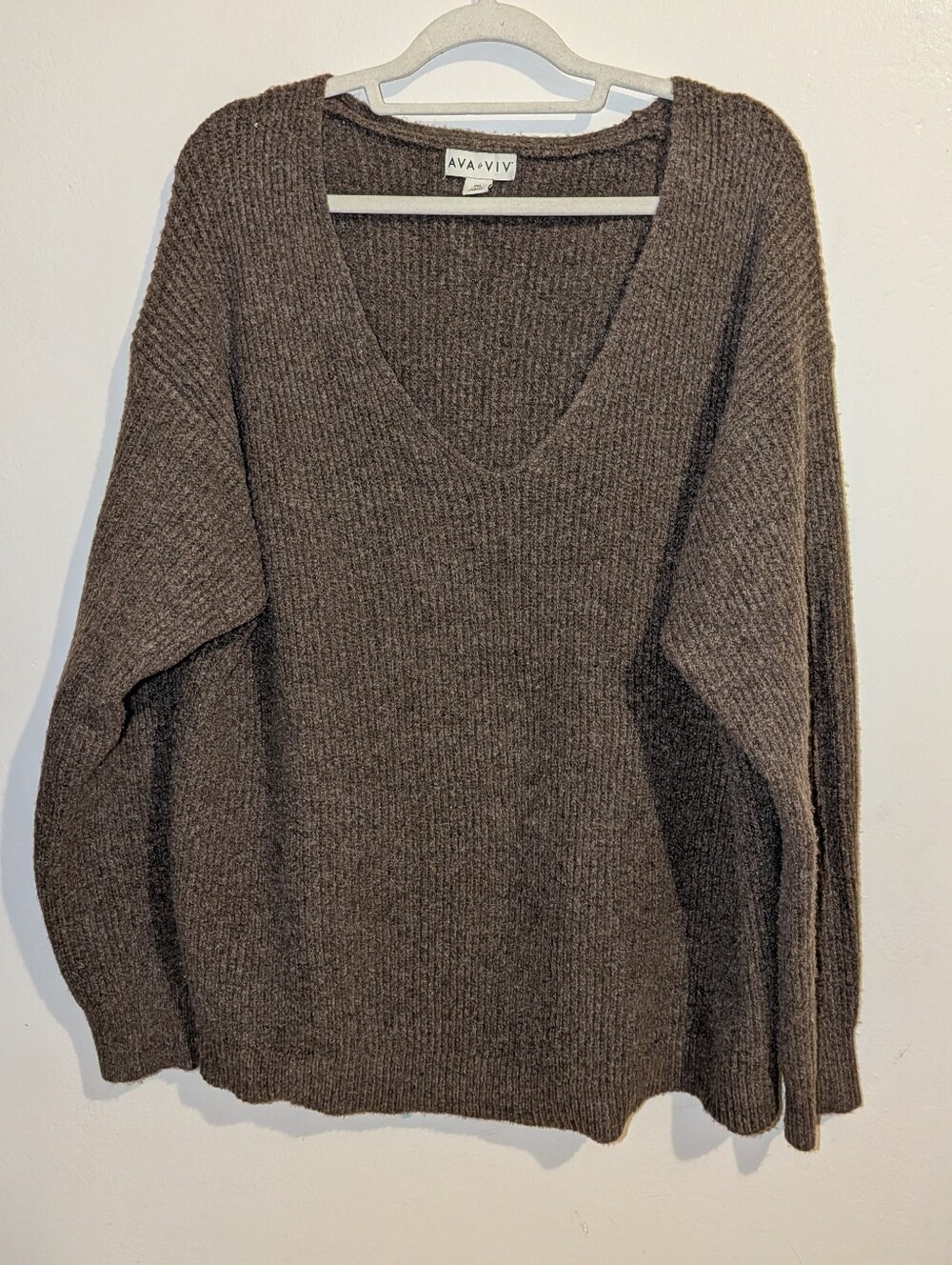 Ava & Viv Brown Ribbed V-Neck Sweater Size XXL